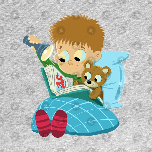 bedtime boy is reading a book with a teddy bear by duxpavlic